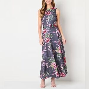 MelonieT Belted Floral Scuba Evening Gown